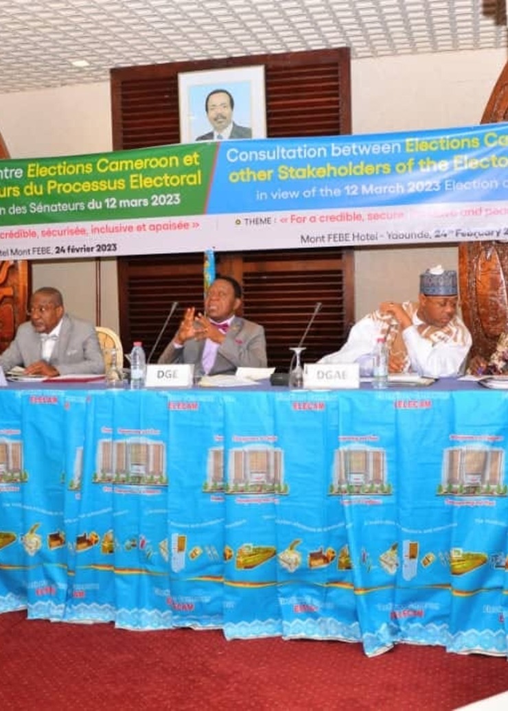 A consultation between Elections Cameroon and stakeholders of the electoral process, delegates seated beneath the event banner.