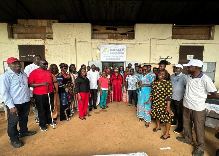 A crowd gathered outside the building at the opening of the CAMAB Centre, Nkolbisson, May 2026.