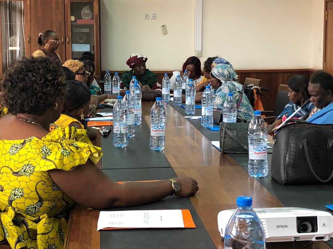 Meeting room with a long table; women in Cameroonian dress seated along both sides, a projector on the table.
